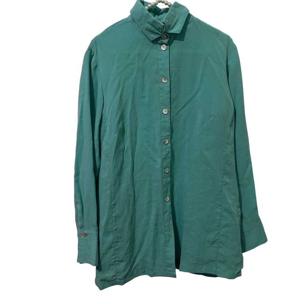 Fridaze Long Line Tunic Top Button Down Henley Styled Teal Lounge Long Sleeve M